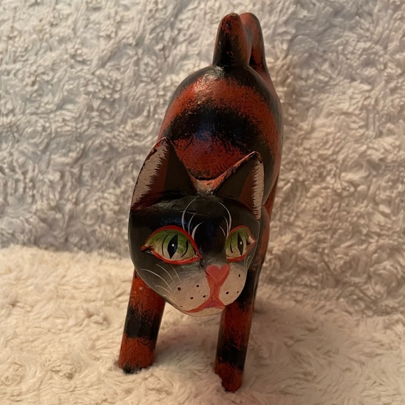 Vintage Wooden Orange & Brown Cat Sculpture Arched Back - Picture 2 of 8